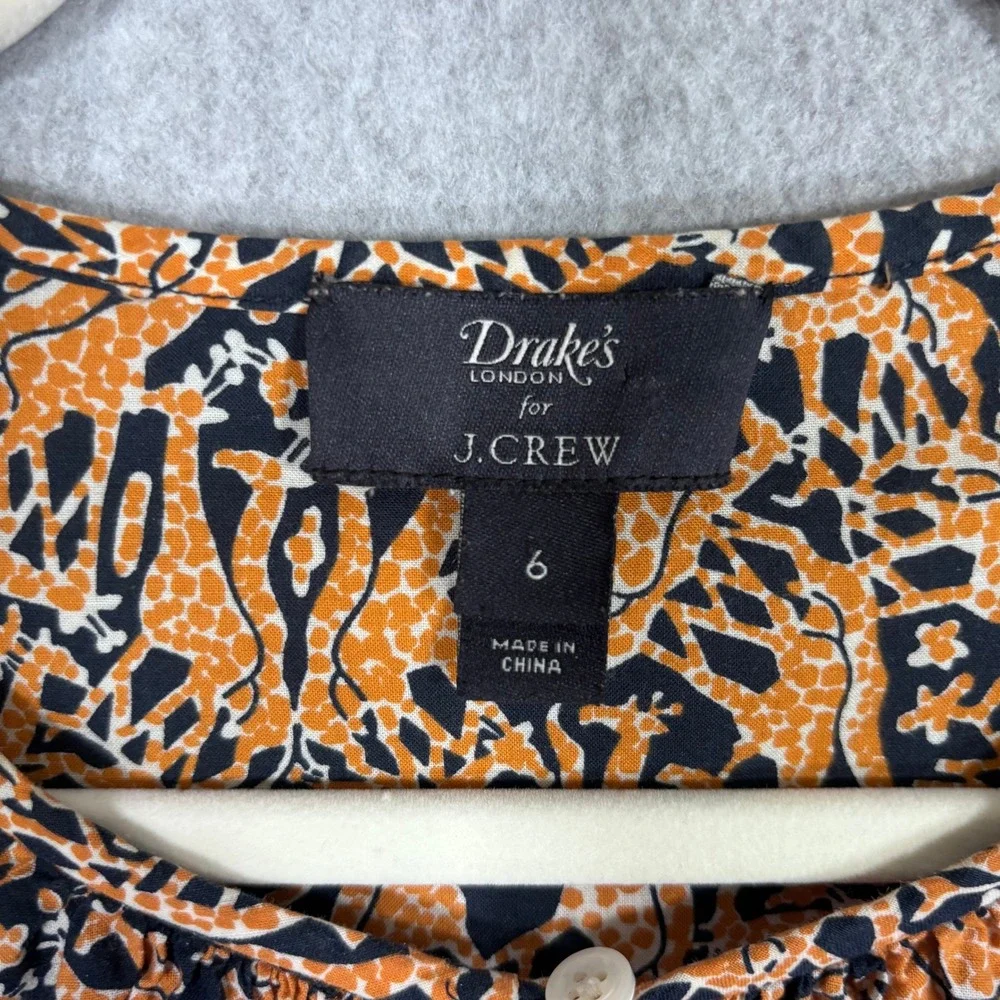 J Crew x Drakes London Blouse Size 6‎ Navy Orange Giraffe Print Popover Safari